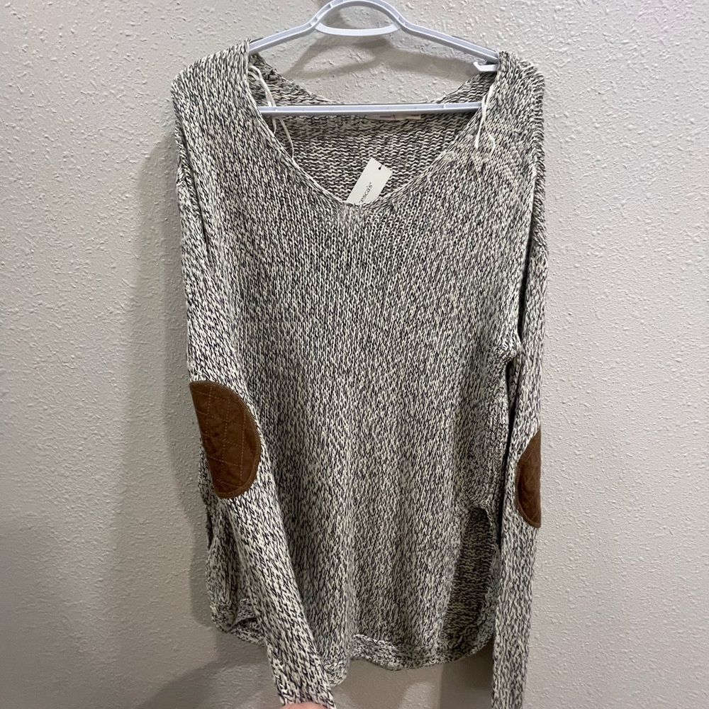 Francesca's Collections Black and White Knit Sweater with Tan Elbow Patches